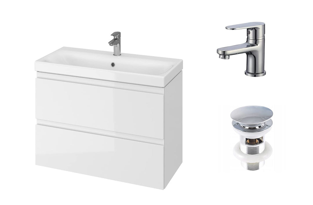 VBChome Badmöbel 80 cm Slim Weiss mit Armatur und Pop-up ventil Waschbecken mit Unterschrank Waschti
