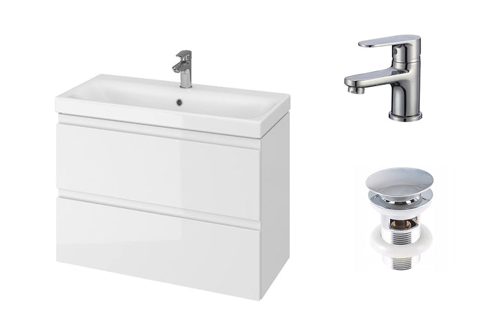 VBChome Badmöbel 80 cm Slim Weiss mit Armatur und Pop-up ventil Waschbecken mit Unterschrank Waschti