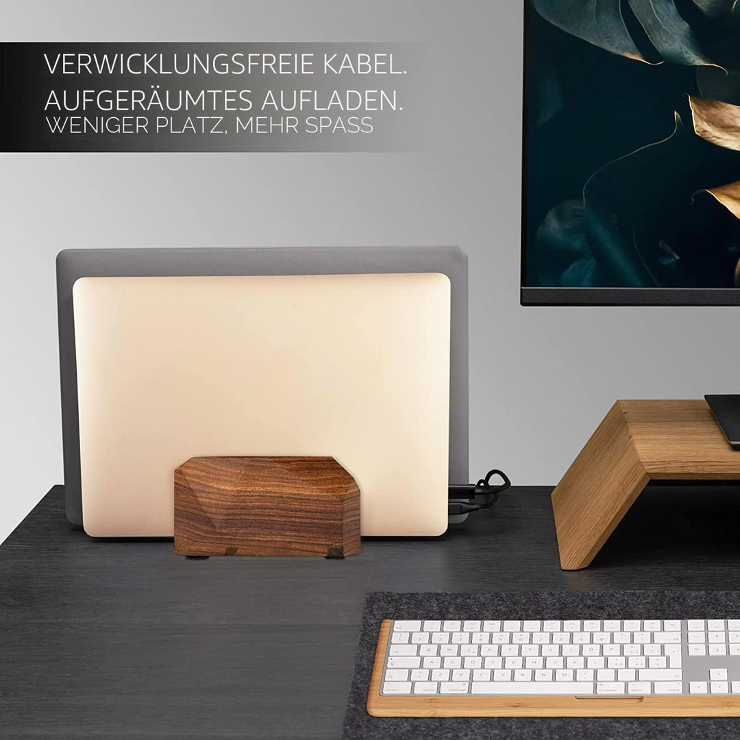 DnU Avenue Wooden Laptop Stand Dual Slot – Vertical Holder Docking Station for MacBook, Tablets & La