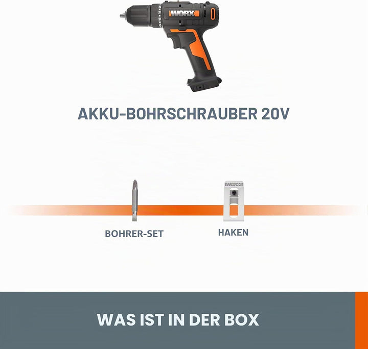 WORX WX108.9 Akku Bohrschrauber 20V – Allrounder Schrauber zum Bohren & Schrauben für Verschiedene M