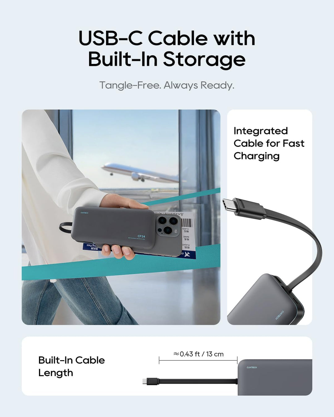 CUKTECH CP24 20000 mAh Powerbank mit Integriertem USB-C-Kabel, 40W PD Schnellladung Power Bank mit 3