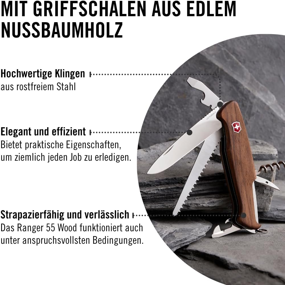 Victorinox Schweizer Taschenmesser gross, Ranger 55, Swiss Army Knife, Multitool, 10 Funktionen, Fes