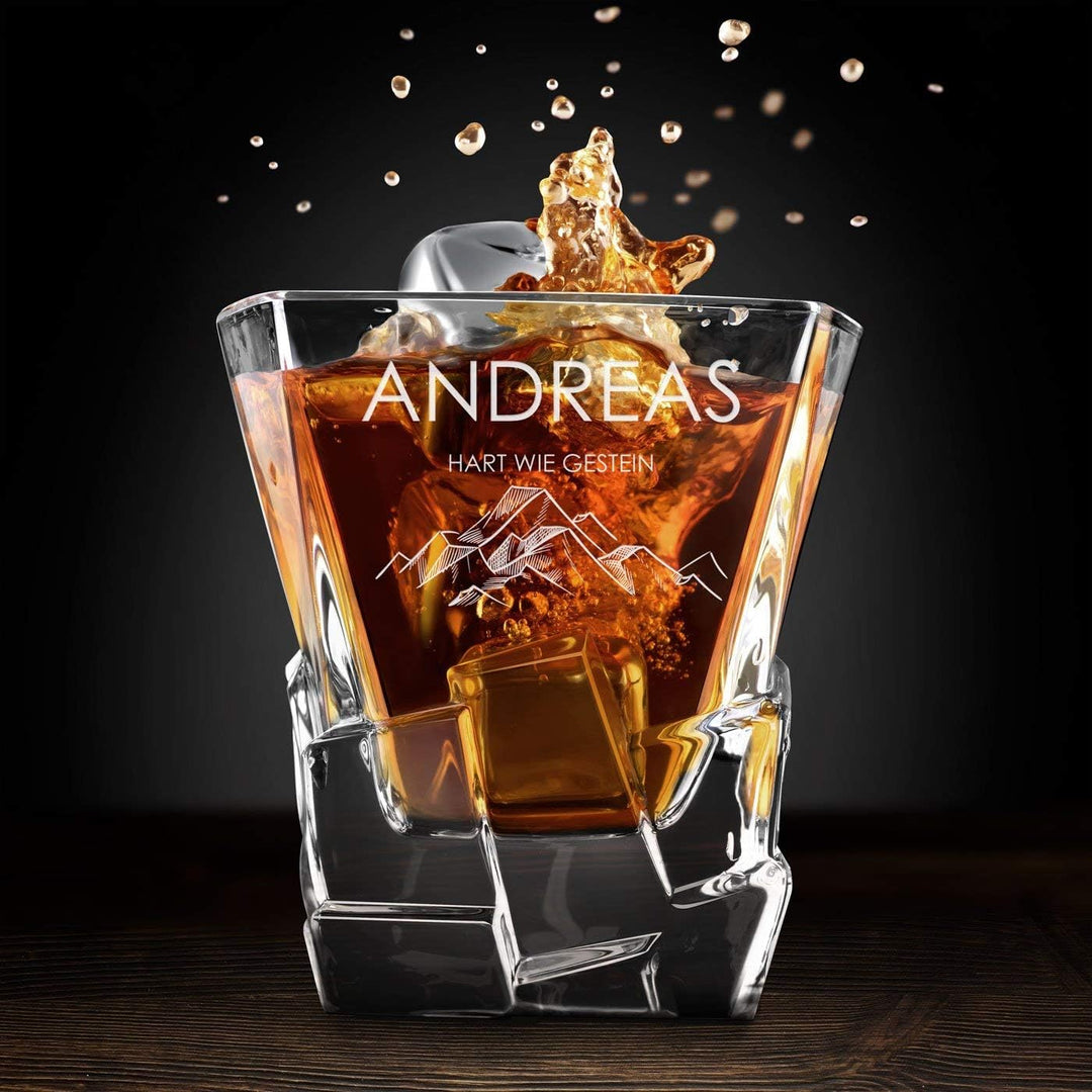 Maverton Whisky Steine Set - in Holzbox mit Gravur - 8 Eiswürfel + 2 Whisky Gläser - wiederverwendba