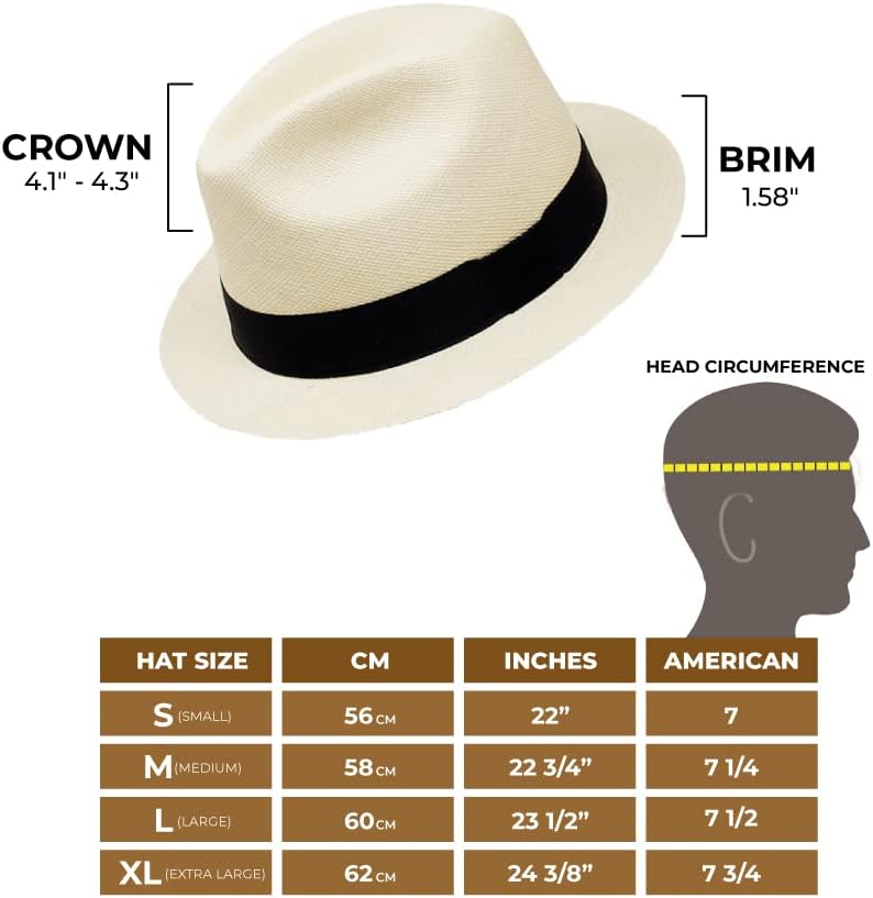 Gamboa Fedora Panama Hut Herren und Damen Sommer Strohhut Panamahut Sonnenhut UV-Schutz UPF50+ 62 Cr