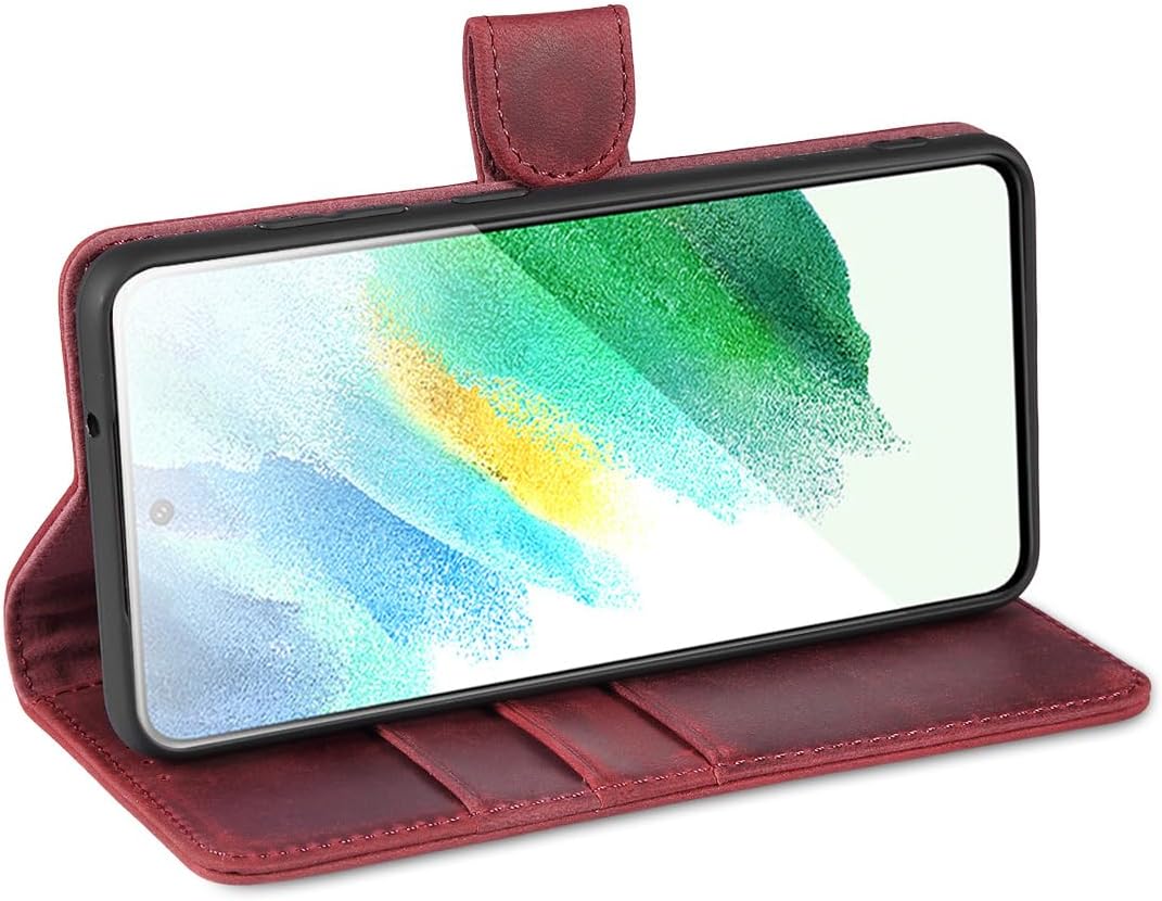LENSUN Echtleder Hülle für Samsung Galaxy S21 FE, Handyhülle [Premium Echtes Leder][Kartenfach][RFID