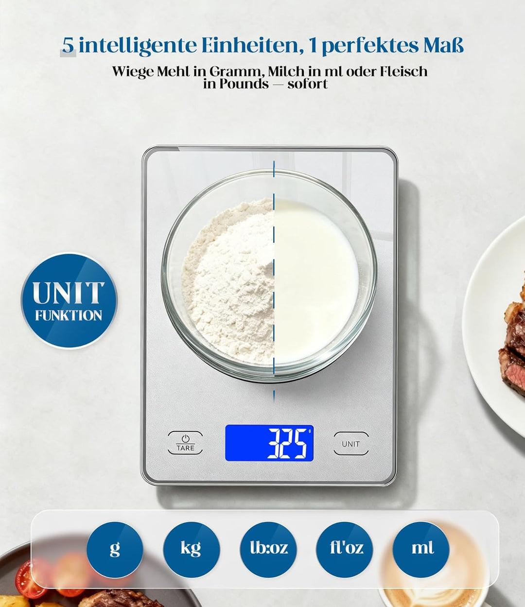 Küchenwaage Digital mit 15 kg Tragkraft, 5 Einheiten in g/ml/fl'oz, Präzise Waage Küche mit Grossem