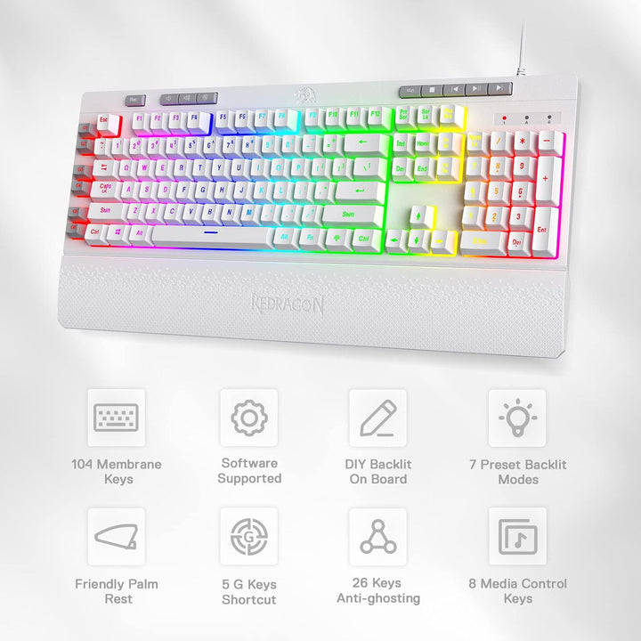 Redragon K512 Shiva US-Layout weisse Membran-Gaming-Tastatur, RGB-Beleuchtung, Programmierbare G-Tas