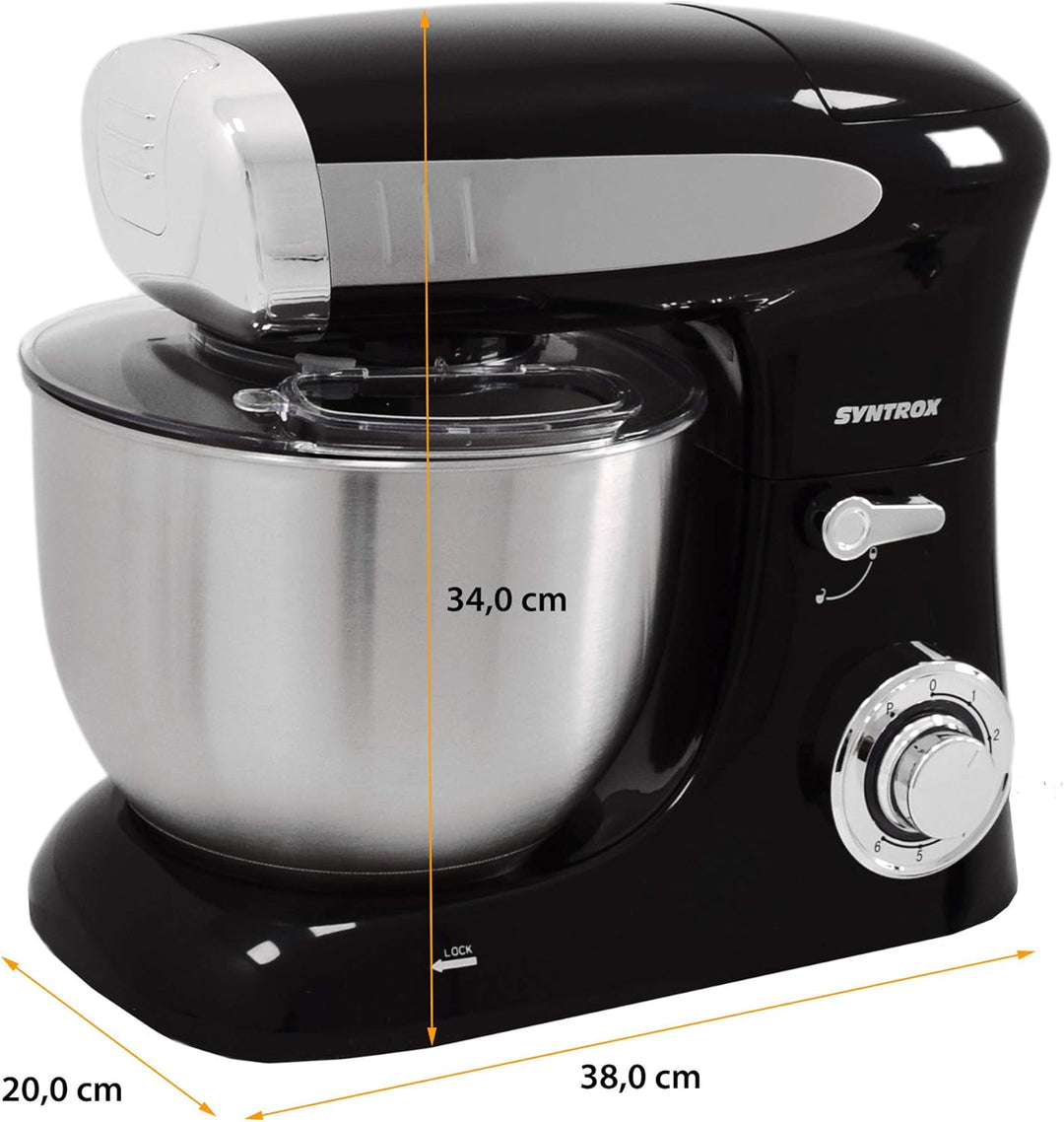 Syntrox Germany KM-1300W Black de Luxe Küchenmaschine Knetmaschine Mixer mit Fleischwolf, Edelstahl-
