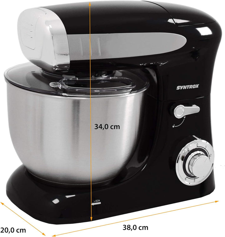 Syntrox Germany KM-1300W Black de Luxe Küchenmaschine Knetmaschine Mixer mit Fleischwolf, Edelstahl-