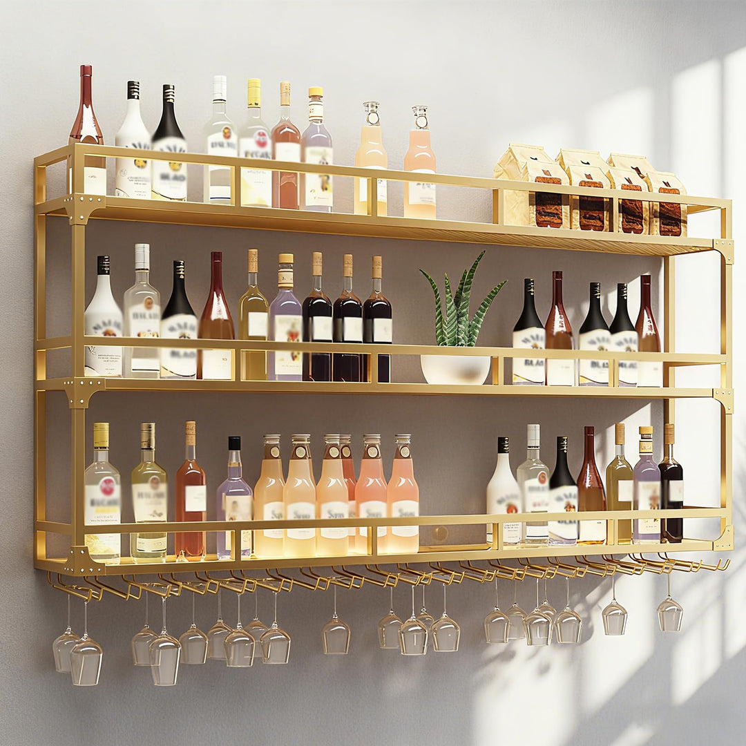 Weinregal Wand, 3 Ebenen Wand-Weinregale mit Glashalter, Multi funktionaler Weinpareite Display Rack