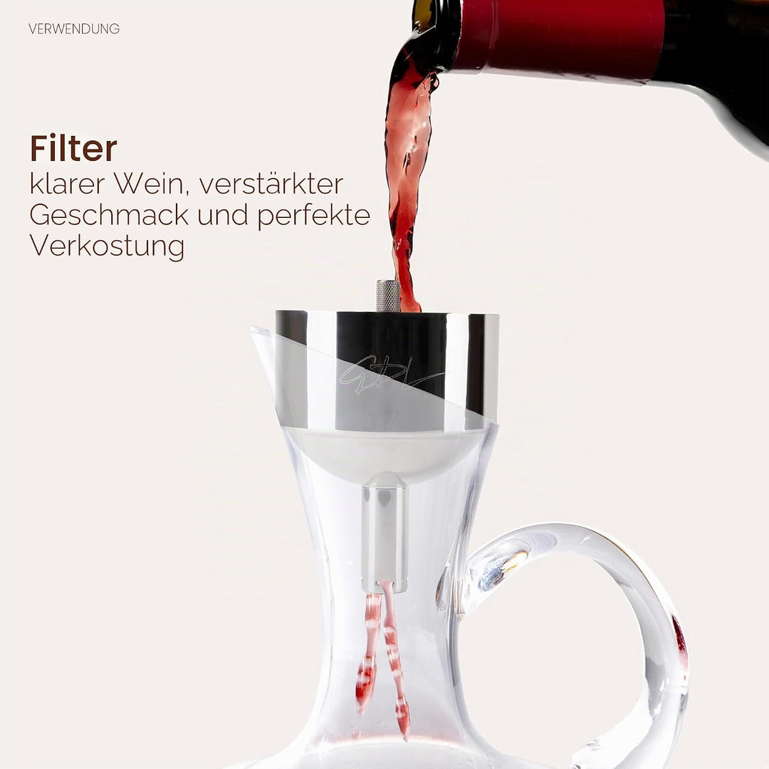 Filter zum Dekantieren des Weins in Trichterform aus Stahl mit Schichtstruktur und ergonomischem Gri