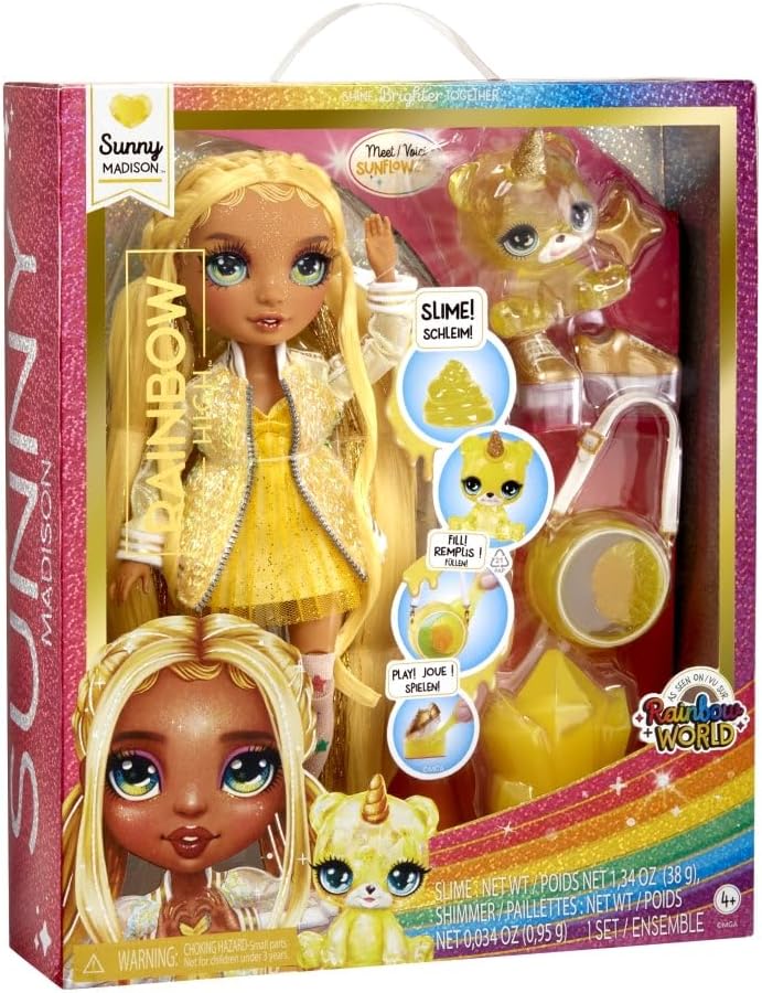 Rainbow High Modepuppe mit Schleim & Haustier - Sunny (Gelb) - 28 cm Schimmernde Puppe mit Glitzersc