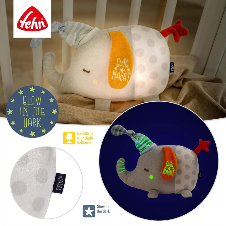 Fehn Nachtlicht Elefant – Schlummerlicht & Einschlafhilfe: Kuscheltier mit „Glow-in-The-Dark“-Bestic