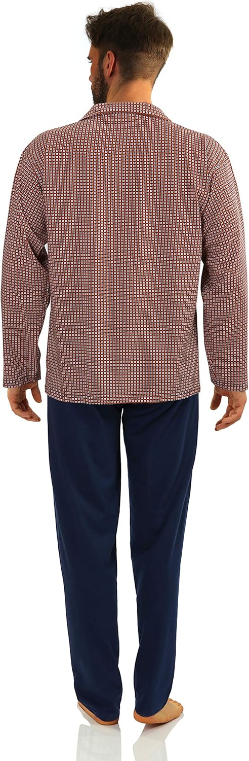 sesto senso Herren Pyjama mit Knopfleiste Lang Baumwolle Schlafanzug Knöpfen L T-shirt - Muster Brau