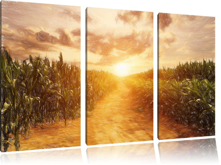 Pixxprint Pfad durch sonniges Feld Kunst Buntstift Effekt 3-Teiler Leinwandbild 120x80 Bild auf Lein