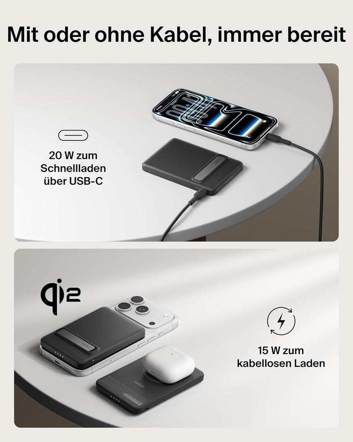Belkin BoostCharge Power Bank Qi2 15W, Schlanke Magnetische Powerbank 5000mAh mit Ständer, Inklusive