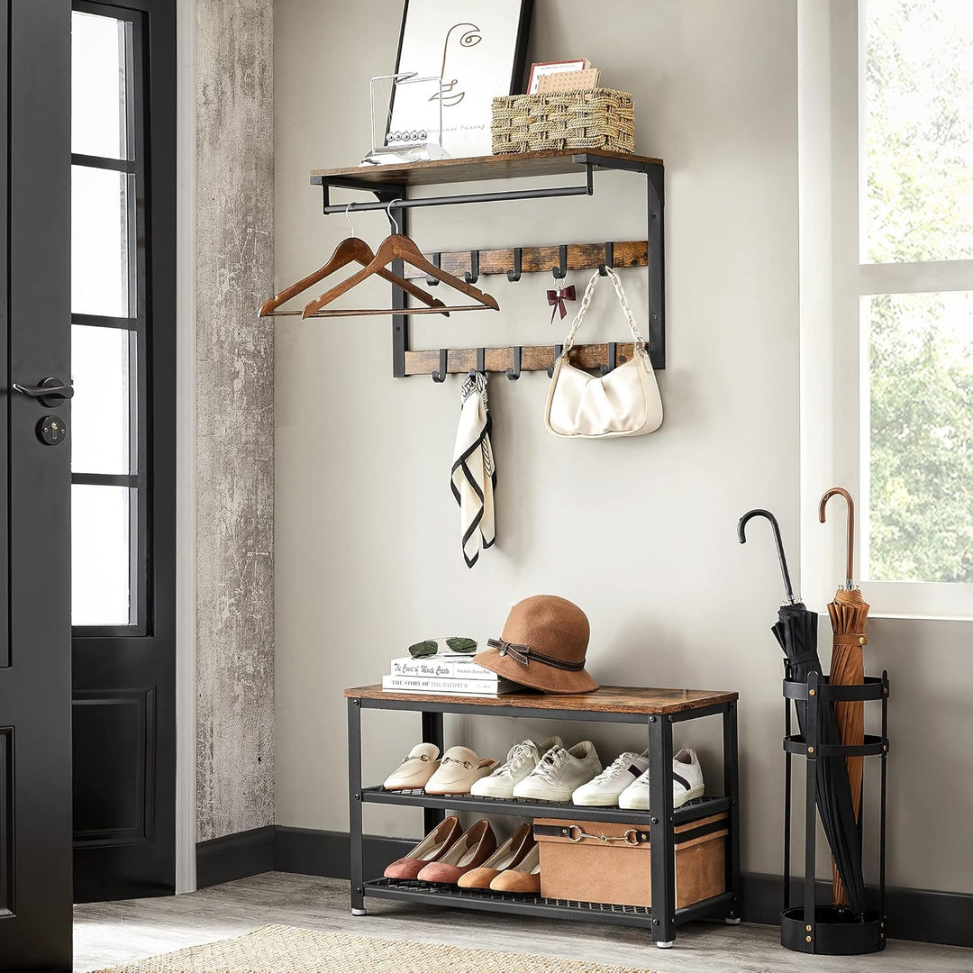 VASAGLE Wandgarderobe, Schuhbank, Wandregal mit Ablage und 10 Haken, Schuhregal mit 3 Ebenen, Aufbew