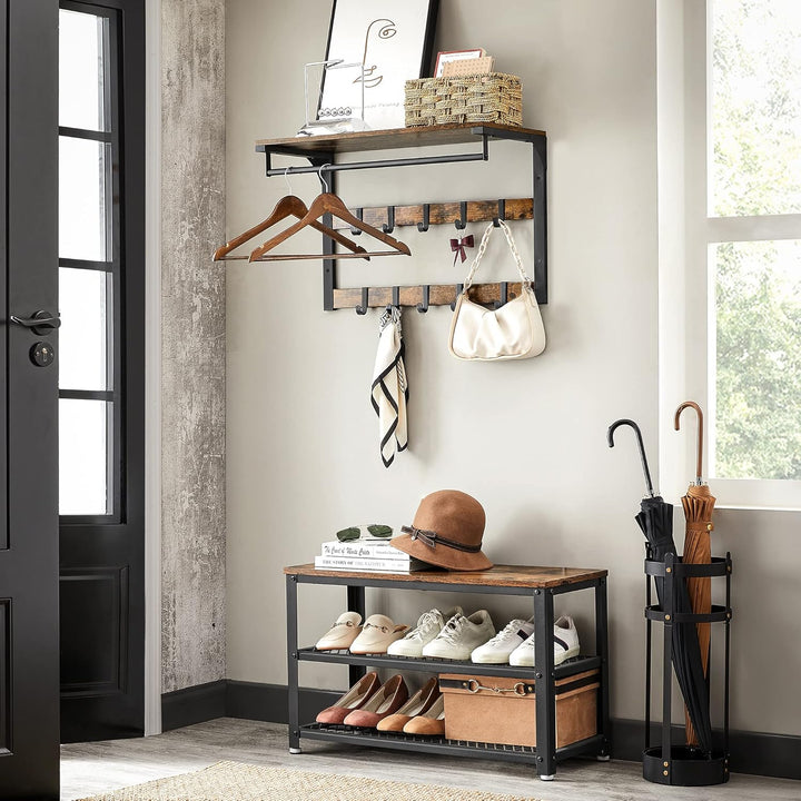 VASAGLE Wandgarderobe, Schuhbank, Wandregal mit Ablage und 10 Haken, Schuhregal mit 3 Ebenen, Aufbew