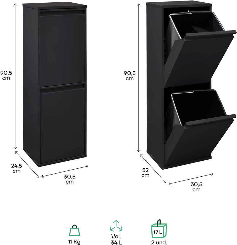 ARREGUI Basic CR206-B Recycling Abfalleimer/Mülleimer aus Stahl, Mülltrennsystem mit 2 entnehmbaren