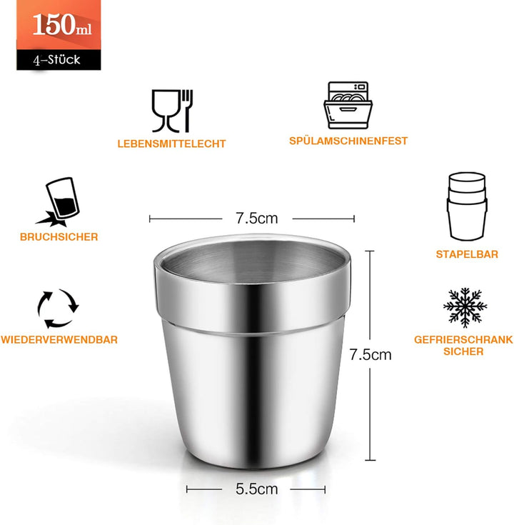 TEAMFAR Espressotassen 4er-Set, Edelstahl Dickwandige Doppelwandige Trinkbecher Teetasse Kaffeetasse