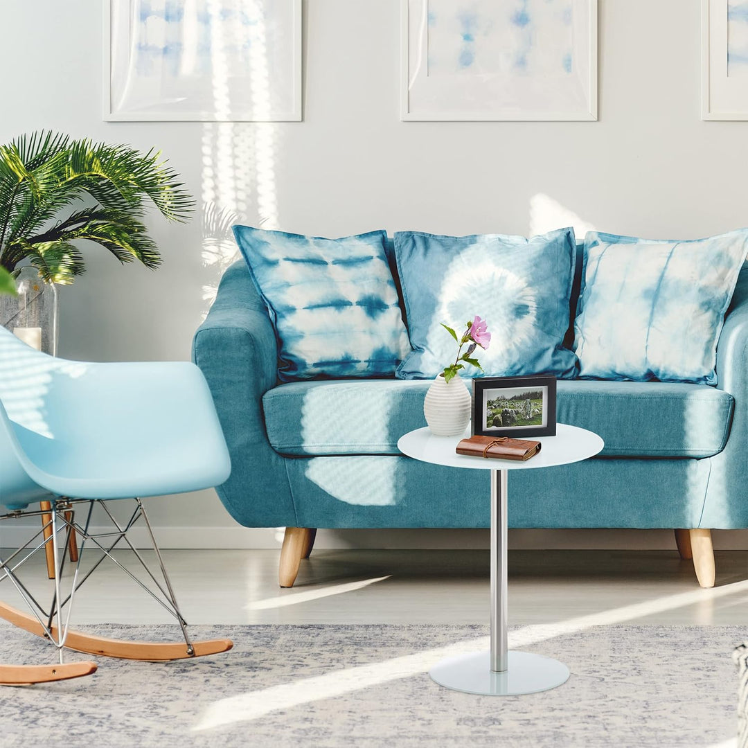Relaxdays, Weiss Runder Beistelltisch aus Glas und Edelstahl, dekorativer Loungetisch, HxBxT: 53 x 4