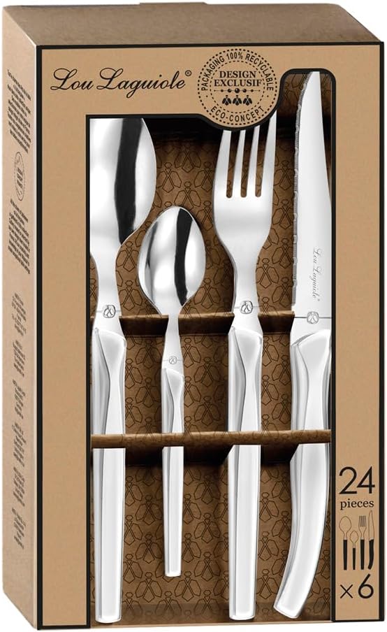 Lou Laguiole RISING SUN Besteck Set 6 Personen | 24-teilig | Weiss glänzend | Essbesteck 6 Personen
