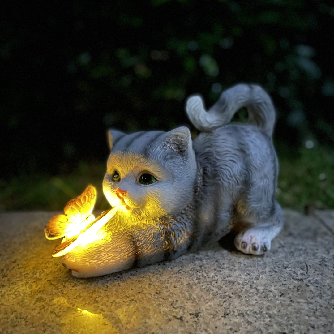 Katzenfigur Garten Deko Katze Gartendeko Schmetterlinge Solarlampen für Aussen Balkon Gartendekorati