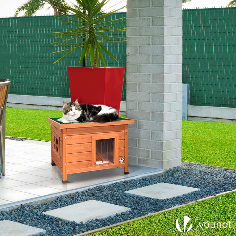 VOUNOT® Katzenhaus aus Holz, Katzen Haus mit Asphaltdach, Katzenhütte für Draussen Outdoor 57 x 45 x