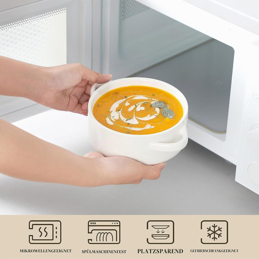 MALACASA Suppenschalen mit Griffen, 800 ML Porzellan Suppenschalen Set von 4, Elfenbein weiss servie