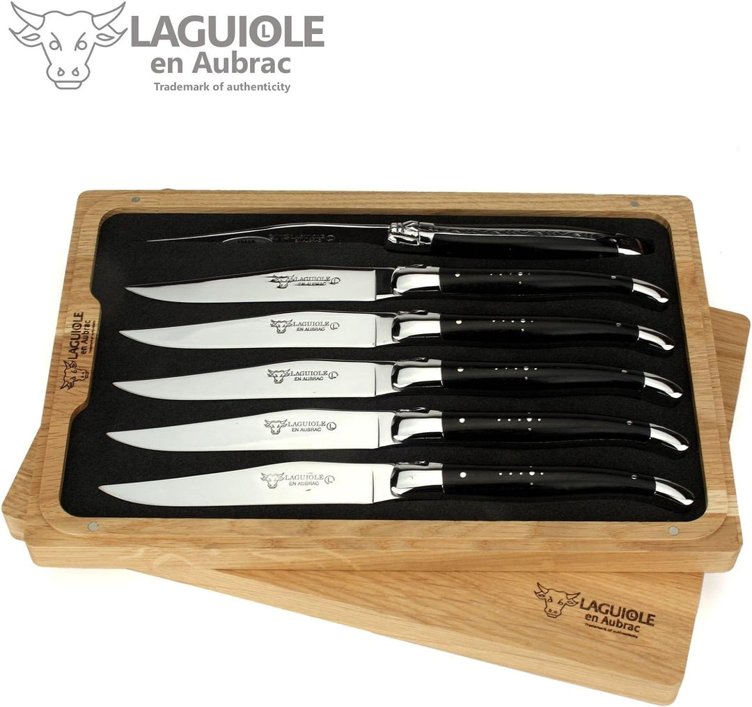 Laguiole en Aubrac - 6er Set Steakmesser Frankreich - Griff Ebenholz - Backen und Klinge glänzend -