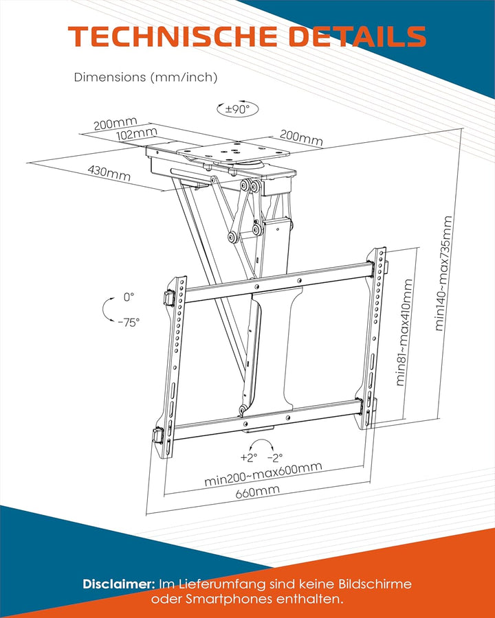 Xantron® DEHA-600E-Roto TV Deckenhalterung Elektrisch Klappbar Neigbar & Drehbar / 32-75 Zoll [Sprac