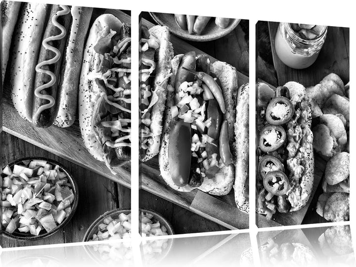 Pixxprint Amerikanische Hotdogs als Leinwandbild/Grösse: 3 Teilig (120x80) cm/Wandbild/Kunstdruck/fe