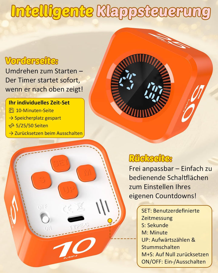 Pomodoro Timer Cube, Visueller Würfel-Timer für Kinder, Digitale LED Drehbarer Timer mit 5/10/25/50