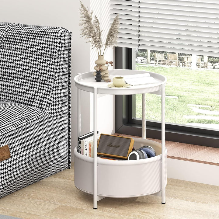 Beistelltisch Rund, Kleiner Tisch, Metall Balkontisch, Sofatisch 2 Ebenen, Couchtisch mit Korb aus S