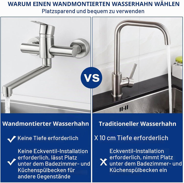 Wasserhahn Wandmontage 360° Drehbare Edelstahl Wasserhahn Küche Wandarmatur, Kalt und Heiss Einhebel