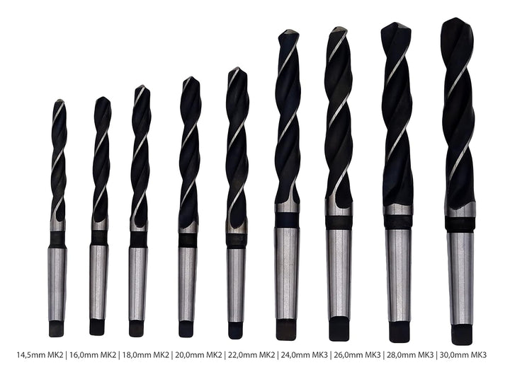 PeTools, Spiralbohrer 9 tlg. HSS Konus-Bohrer, Stahlbohrer 14,5-30mm, Morsekegel MK MK2, MK3 DIN345