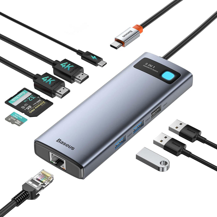 Baseus USB C HUB Dual 4K HDMI Display, 9 in 1 Docking Station 2 HDMI Dual Monitor, Gigabit Ethernet,