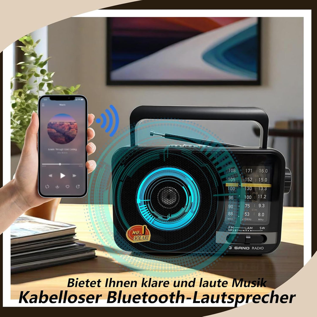 Bluetooth Radio Klein mit Solarzelle und 1200mAh-Batterie, AM/FM/SW Empfänger mit 8W Lautsprecher/TW
