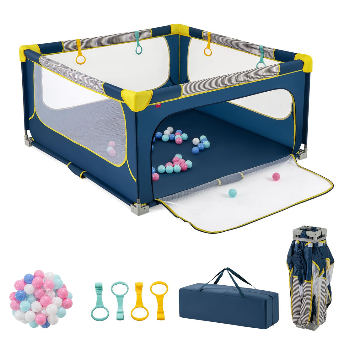 GOPLUS 150 x 150cm Laufstall Babys, Laufgitter tragbar mit 50 bunten Bällen, 4 Griffen &amp; Tragetasche