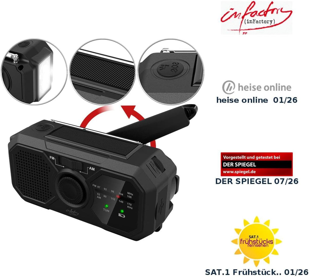 infactory Kurbelradios: Solar- und Dynamo-Koffer-Radio mit LED-Licht, SOS, Powerbank-Funktion (Solar