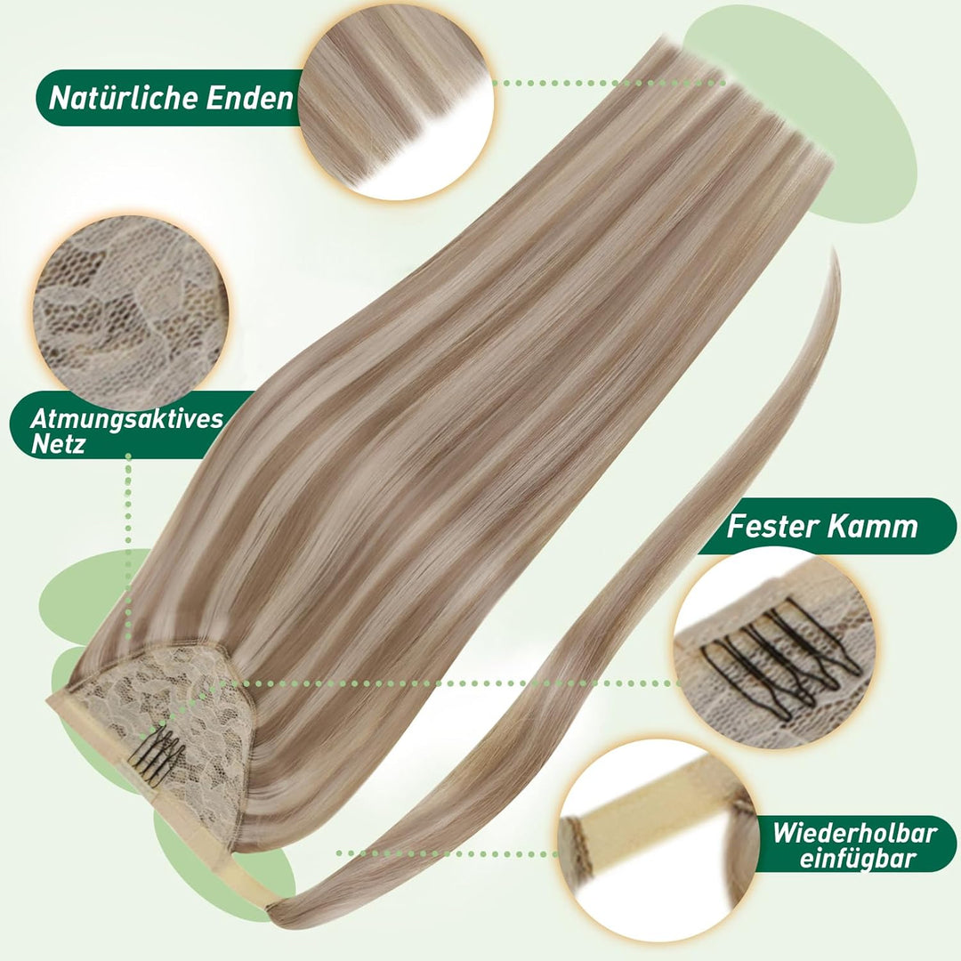 Easyouth Zopf Extensions Echthaar Clip in Zopf Extensions Ponytail 16 Zoll Farbe Ash Brown Highlight