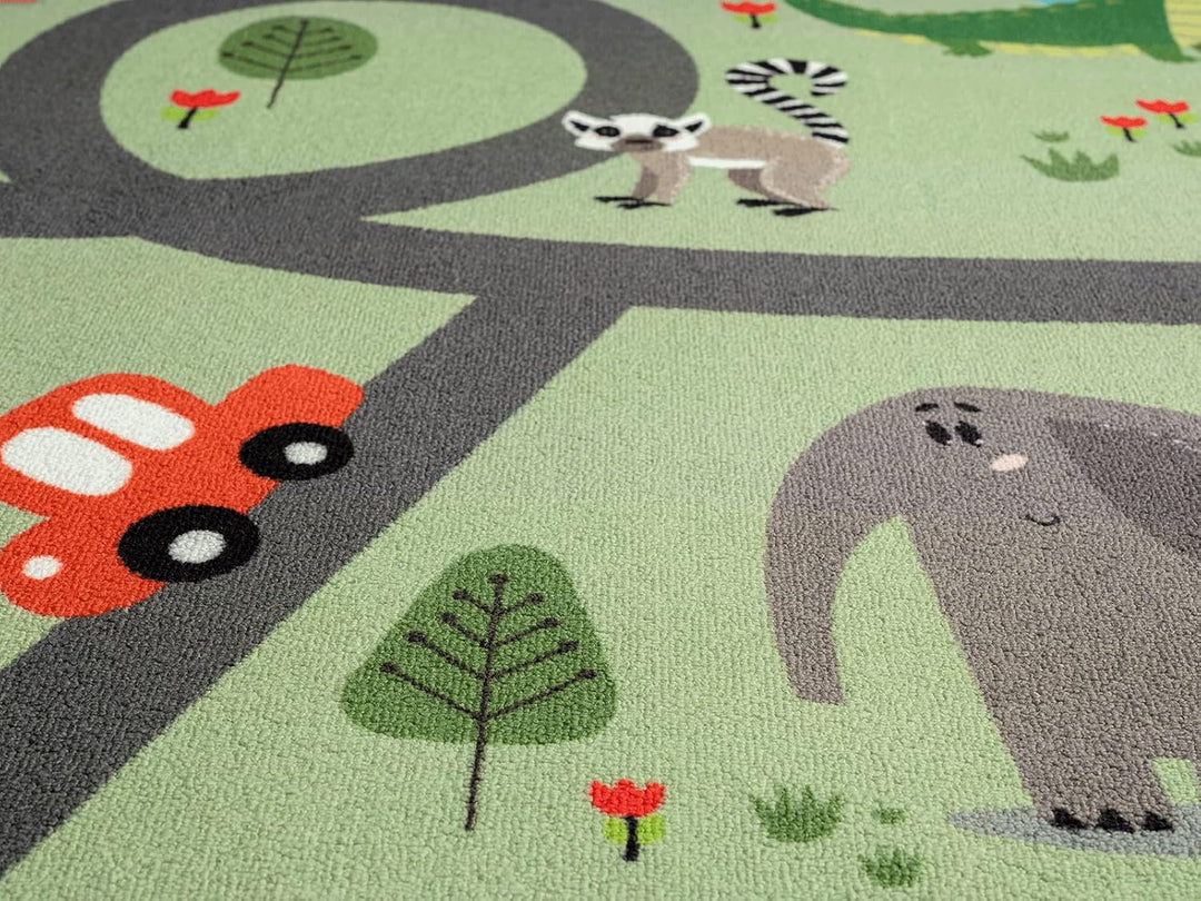 the carpet Happy Life – Kinderteppich Spielteppich mit Strassen‑Motiv, Dschungel, Tiere & Autos, rut