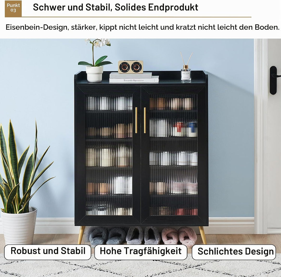 Grosser Schuhschrank Mit 2 Geriffelten Glas-Türen, 5 Ablagen, Moderner Freistehender Schuhschrank Au