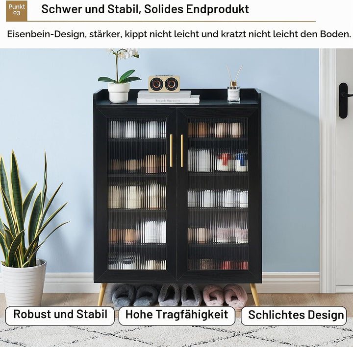 Grosser Schuhschrank Mit 2 Geriffelten Glas-Türen, 5 Ablagen, Moderner Freistehender Schuhschrank Au