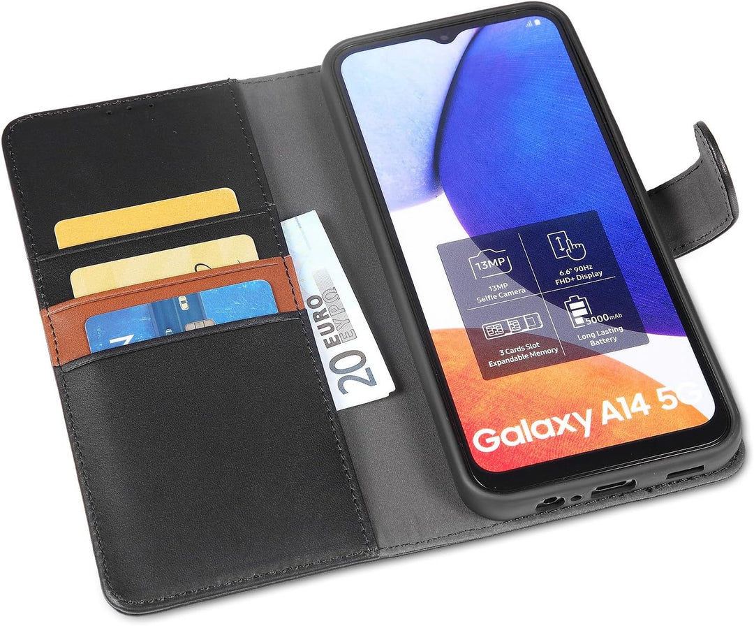 LENSUN Echtleder Hülle für Samsung Galaxy A14, Handyhülle [Echtes Leder][Magnetverschluss][RFID] Han