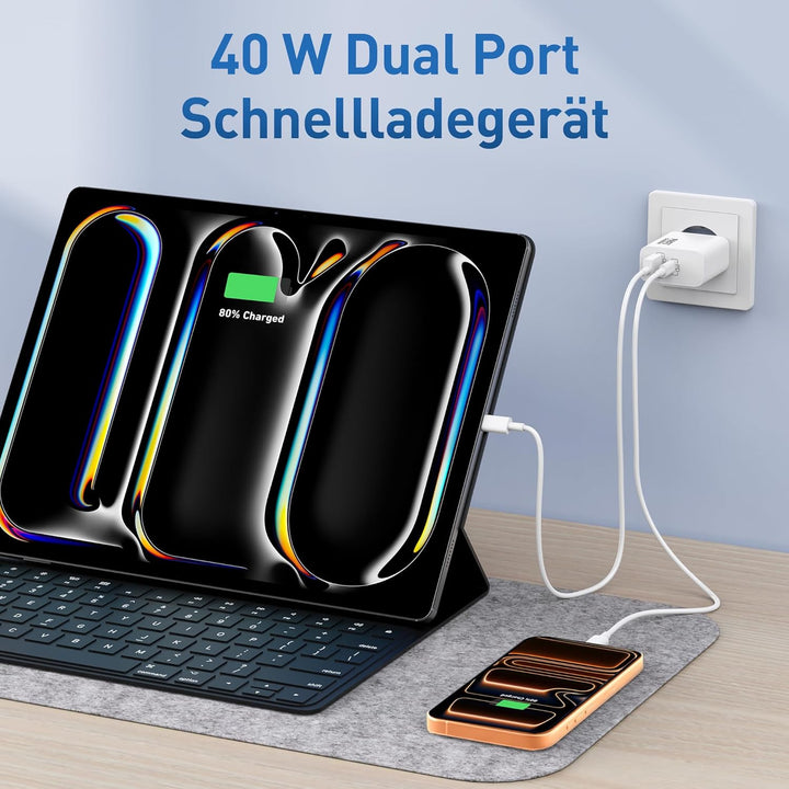 40W 2-Port USB C Ladegerät Ladekabel für iPhone 17/Pro Max Air, iPhone 16/16e/15 Plus, iPad Pro/Air,