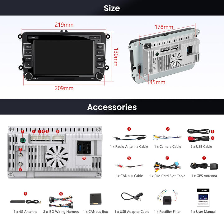 XTRONS Android Autoradio für VW T5 Golf 5 6 Passat B7 Polo, 7 Zoll IPS Bildschirm 8-Core 4+64GB Auto