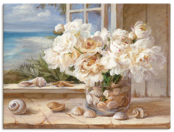 ARTland Leinwandbilder Wandbild Bild auf Leinwand 60x45 cm Wanddeko Fensterblick Fenster Strand Meer