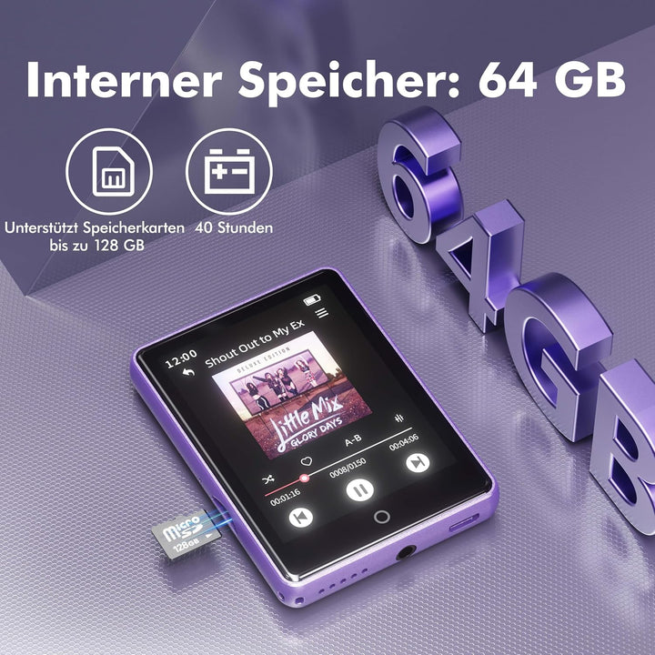 64 GB MP3 Player mit Bluetooth 5.3, 2,8-Zoll-Touchscreen mp3-player und MP4-Player für Kinder, Music
