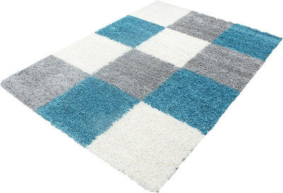 HomebyHome Teppich Wohnzimmer Shaggy Hochflor Türkis Läufer 80x150 cm Kariert Läufer Flur - Flauschi